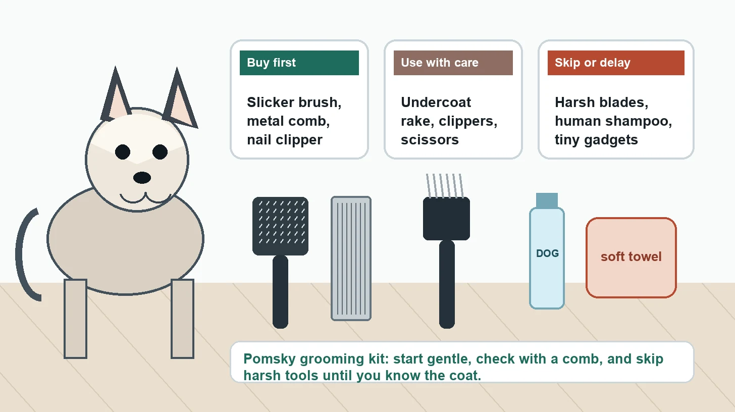 Pomsky grooming tools guide showing buy first tools, use with care tools, and tools to skip
