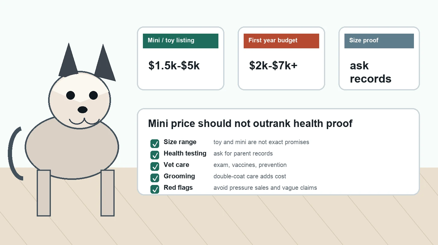 Mini Pomsky cost and size guide showing listing price, toy and mini size facts, first year costs, and buyer red flags