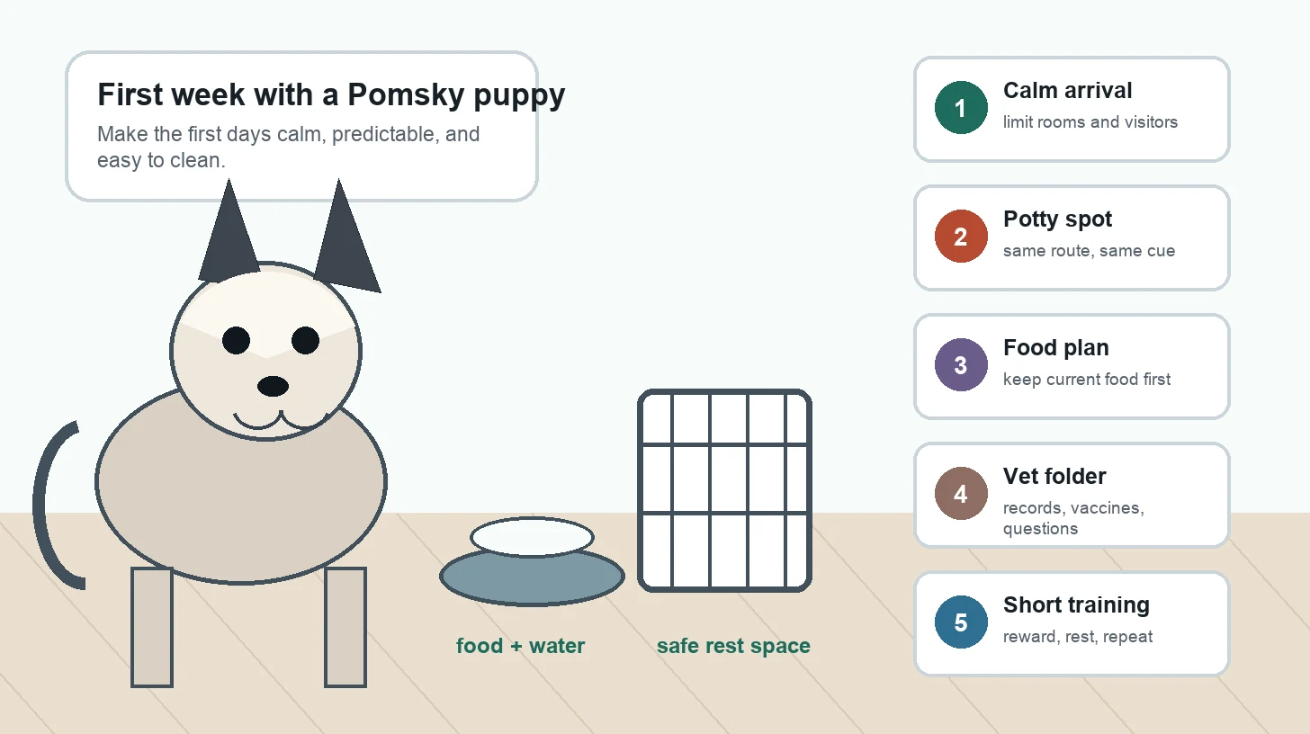 New Pomsky puppy first week care checklist with safe space, food, potty, vet, training, and grooming steps