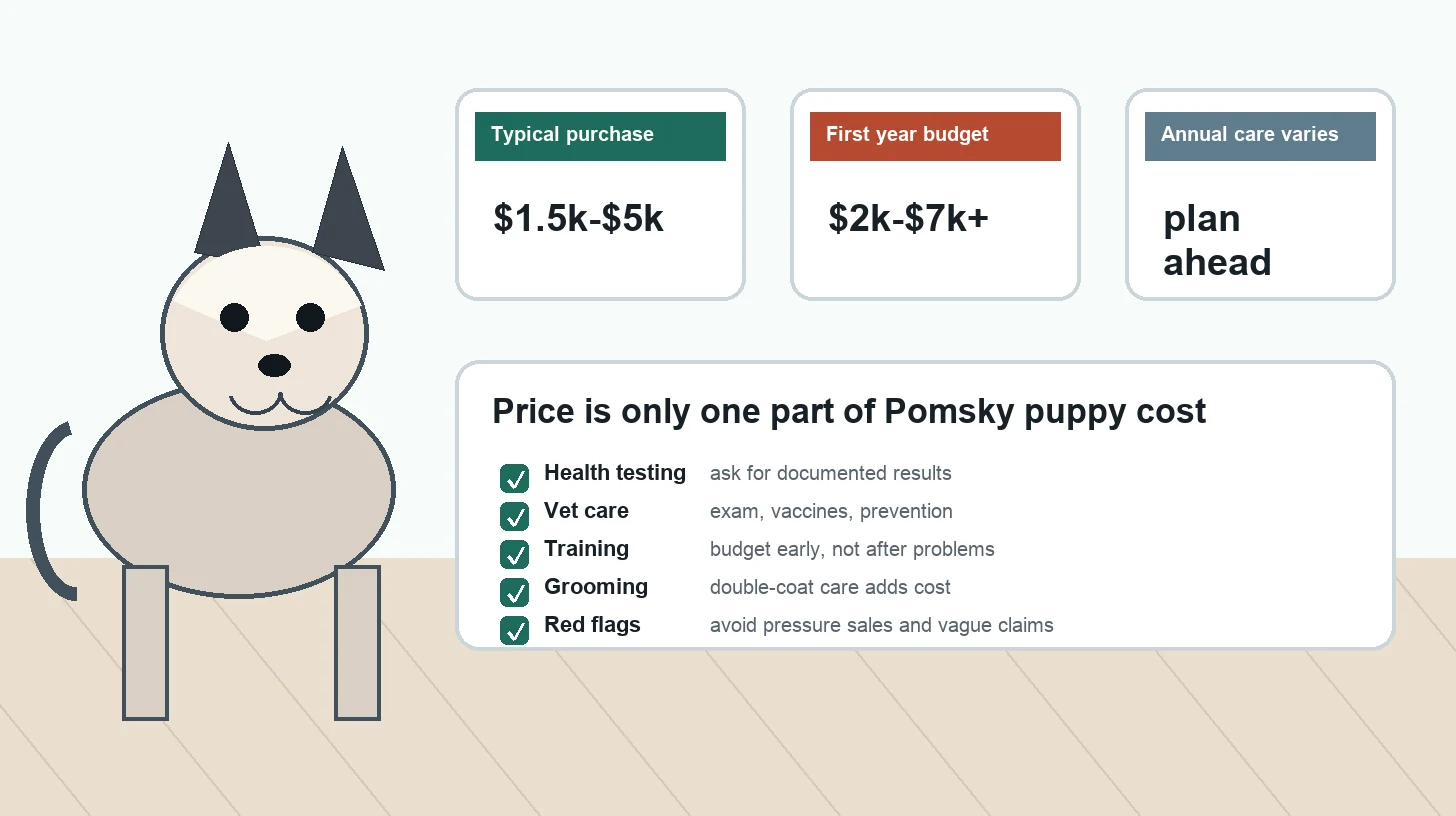Pomsky puppy cost guide showing purchase price, first year costs, annual care, and breeder red flags