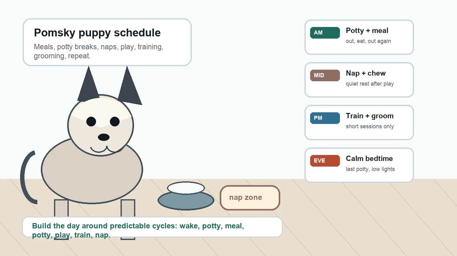 Pomsky puppy daily schedule with meals, potty breaks, naps, play, training, grooming, and bedtime