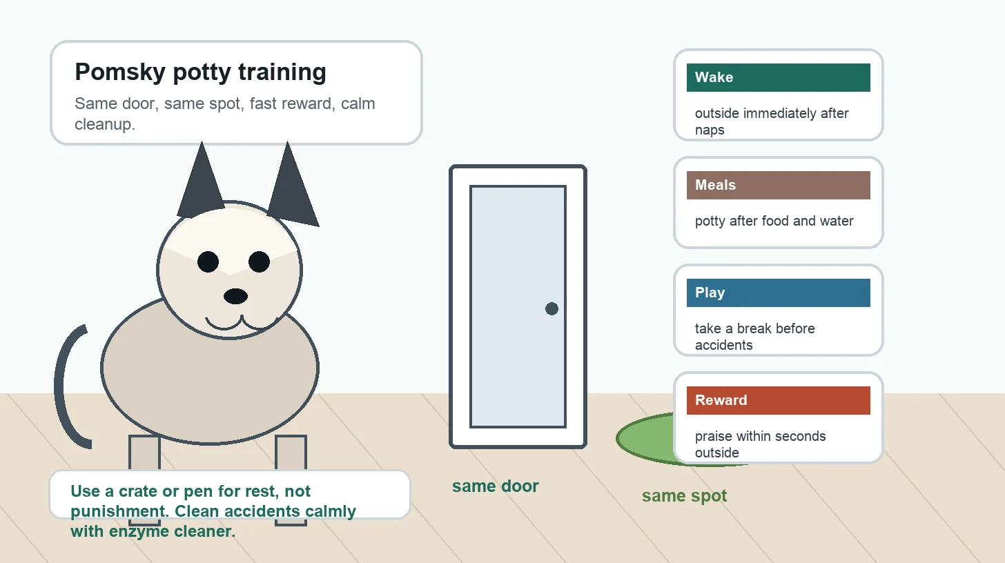Pomsky puppy potty training schedule showing potty spot, crate rest, meals, rewards, cleanup, and vet warning signs