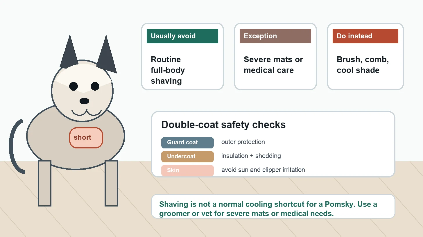 Pomsky double coat shaving safety guide showing coat protection, mat exceptions, and safer cooling steps