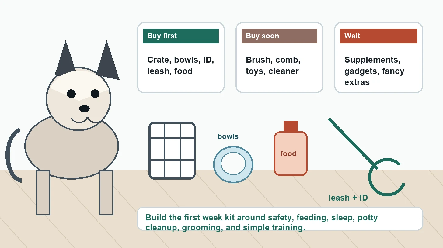 Pomsky supplies starter kit checklist showing buy first, buy soon, and wait until needed items