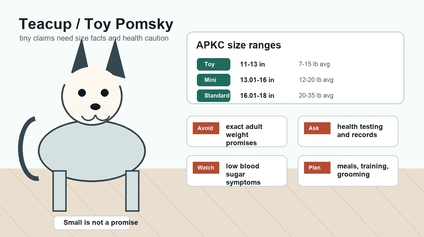 Teacup toy Pomsky size guide showing toy, mini, and standard ranges with health cautions