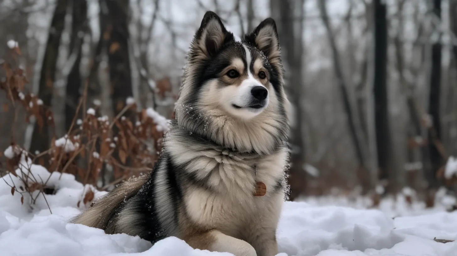 Spitz-type Pomsky-like dog in snow used as visual context for a Husky or Pomsky family-fit guide