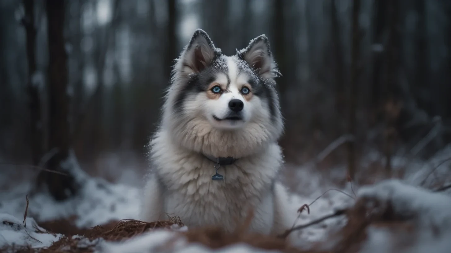 Pomsky in winter woods for a buyer verification and care checklist