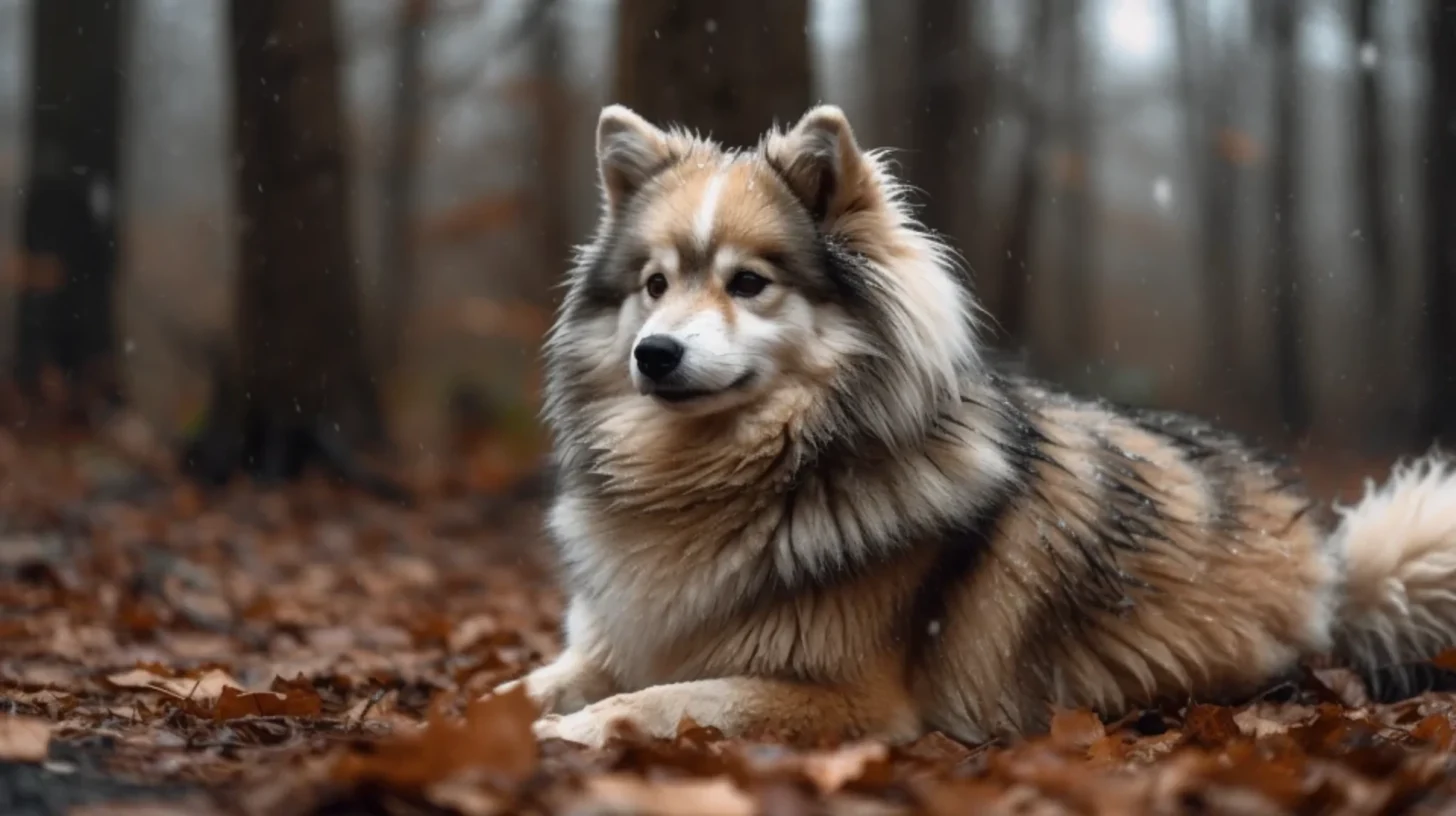 Pomsky Australian Shepherd mix style dog resting outdoors