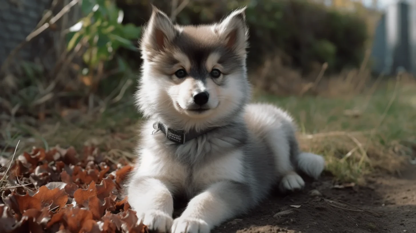 Fluffy Pomsky outdoors for a body condition and healthy weight assessment guide