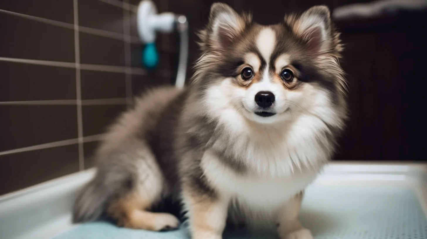 Pomsky standing indoors for a four-part healthy routine covering food, movement, vet care, and social confidence