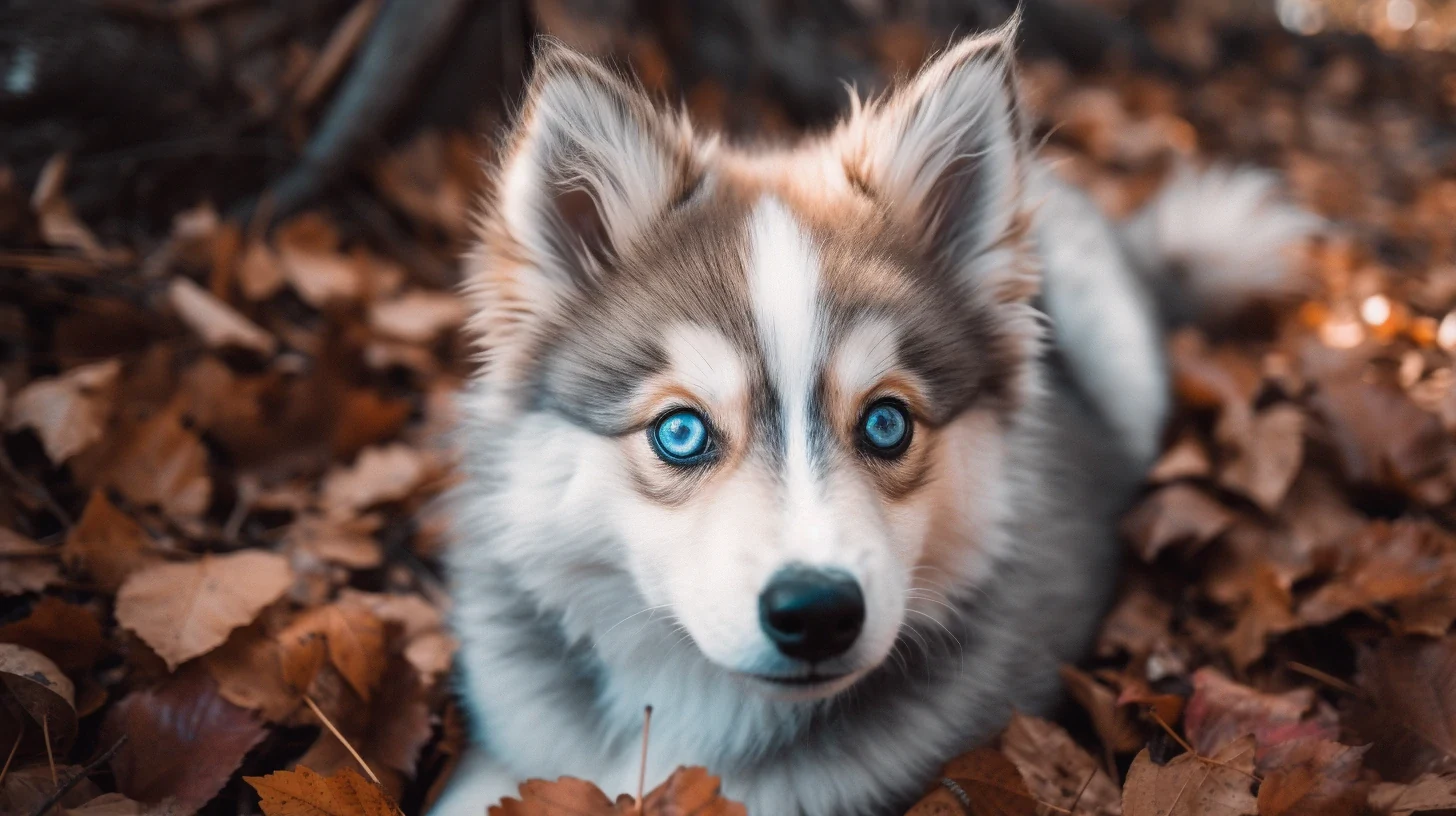 Pomsky puppy with a thick coat for a brushing, bath, nail, ear, and dental grooming routine guide