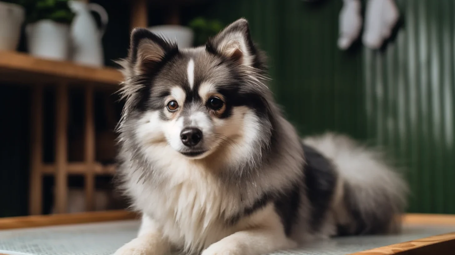 Healthy Pomsky resting indoors for a checklist about exercise, grooming, food, training, and veterinary warning signs