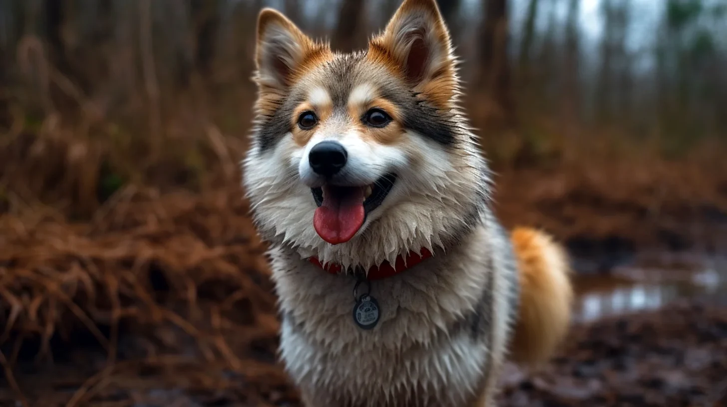 Realistic Pomsky puppy outdoors for a puppy coat and allergy risk checklist