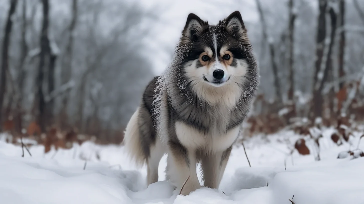 Pomsky in snow for a puppy-to-adult raising roadmap