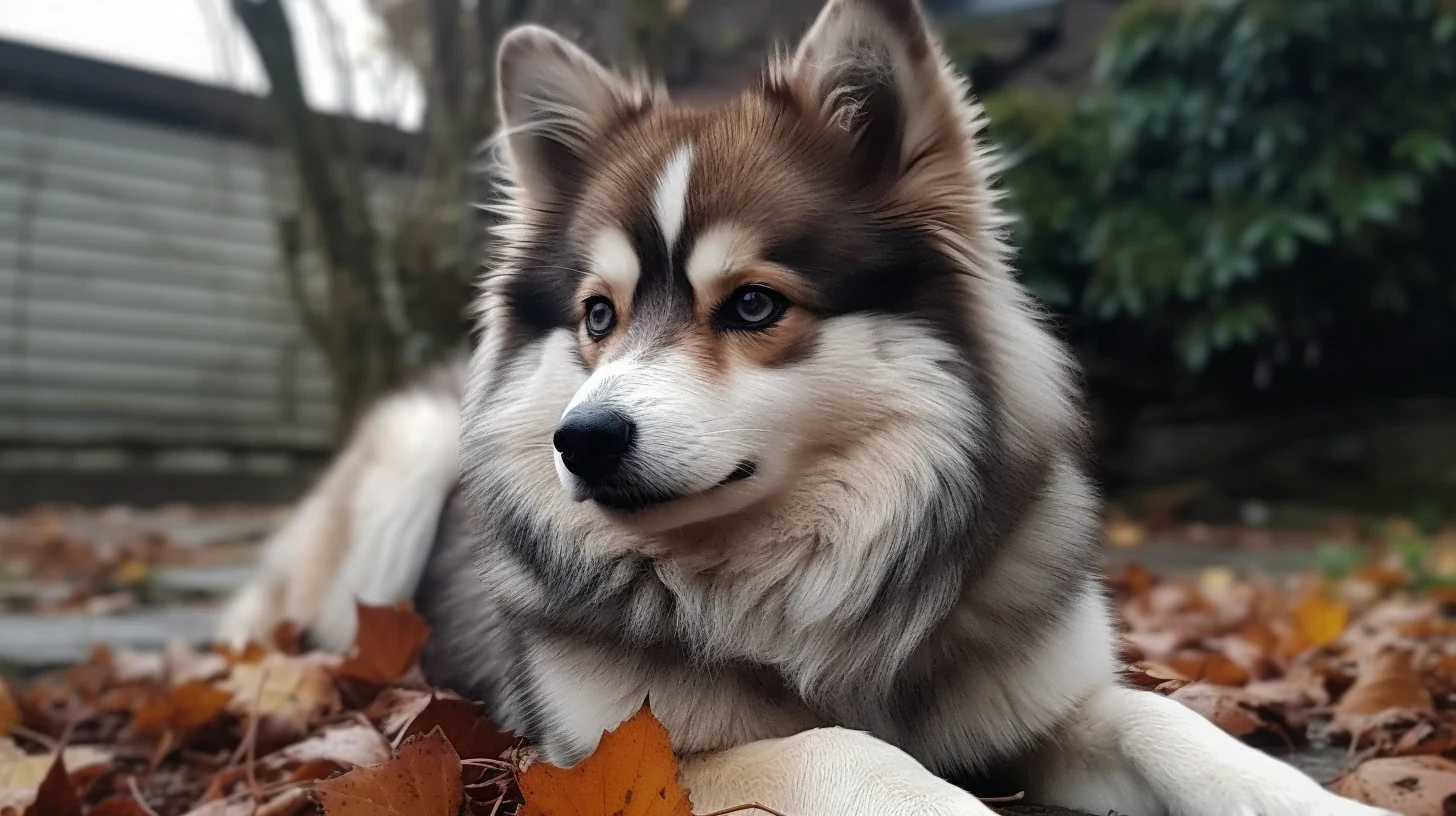 Husky-look Pomsky resting outdoors for a Pomsky vs Husky size guide