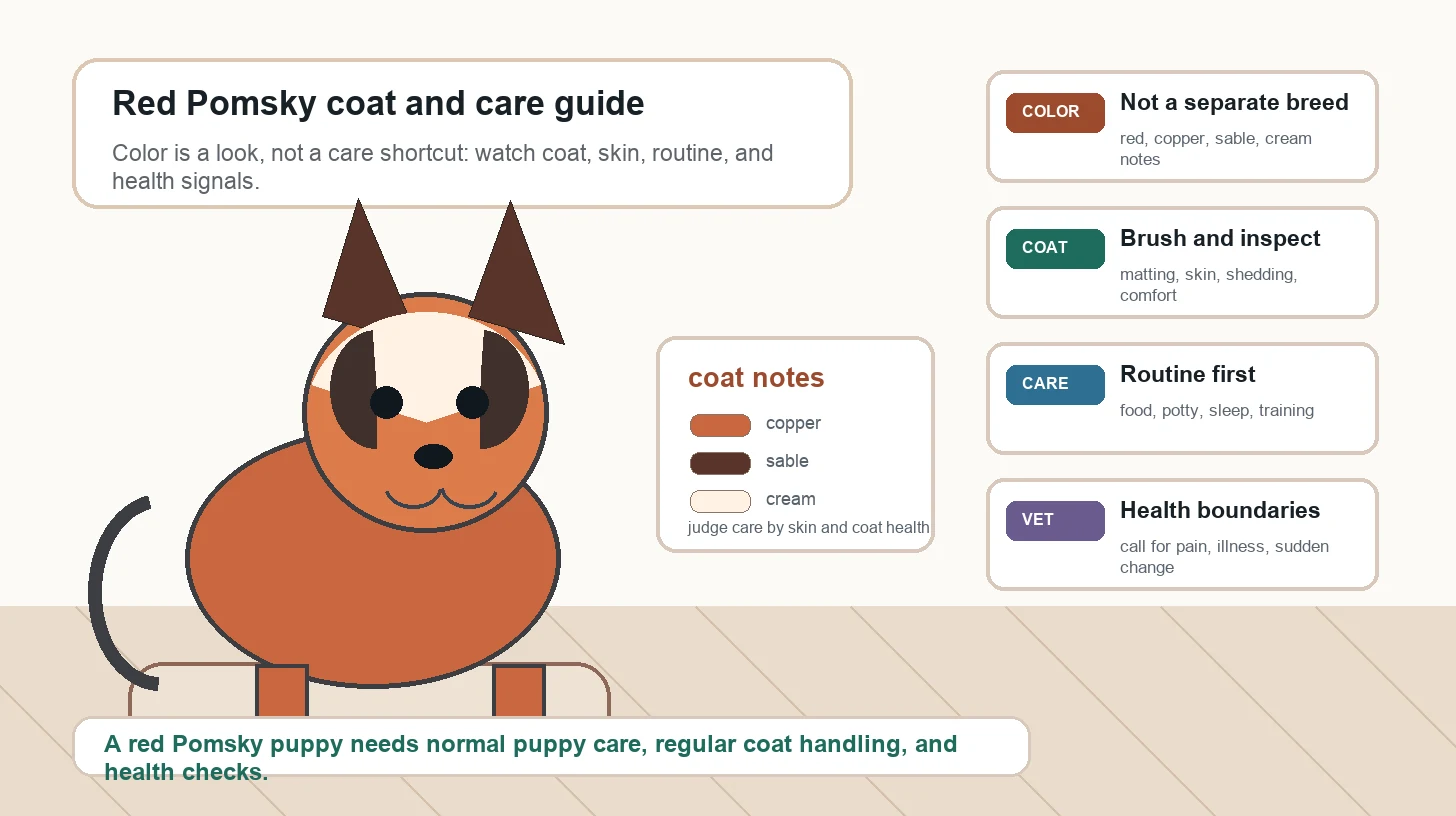 Red Pomsky puppy coat care guide showing copper sable coat notes, brushing, skin checks, safe socialization, puppy routine, and veterinarian health boundaries
