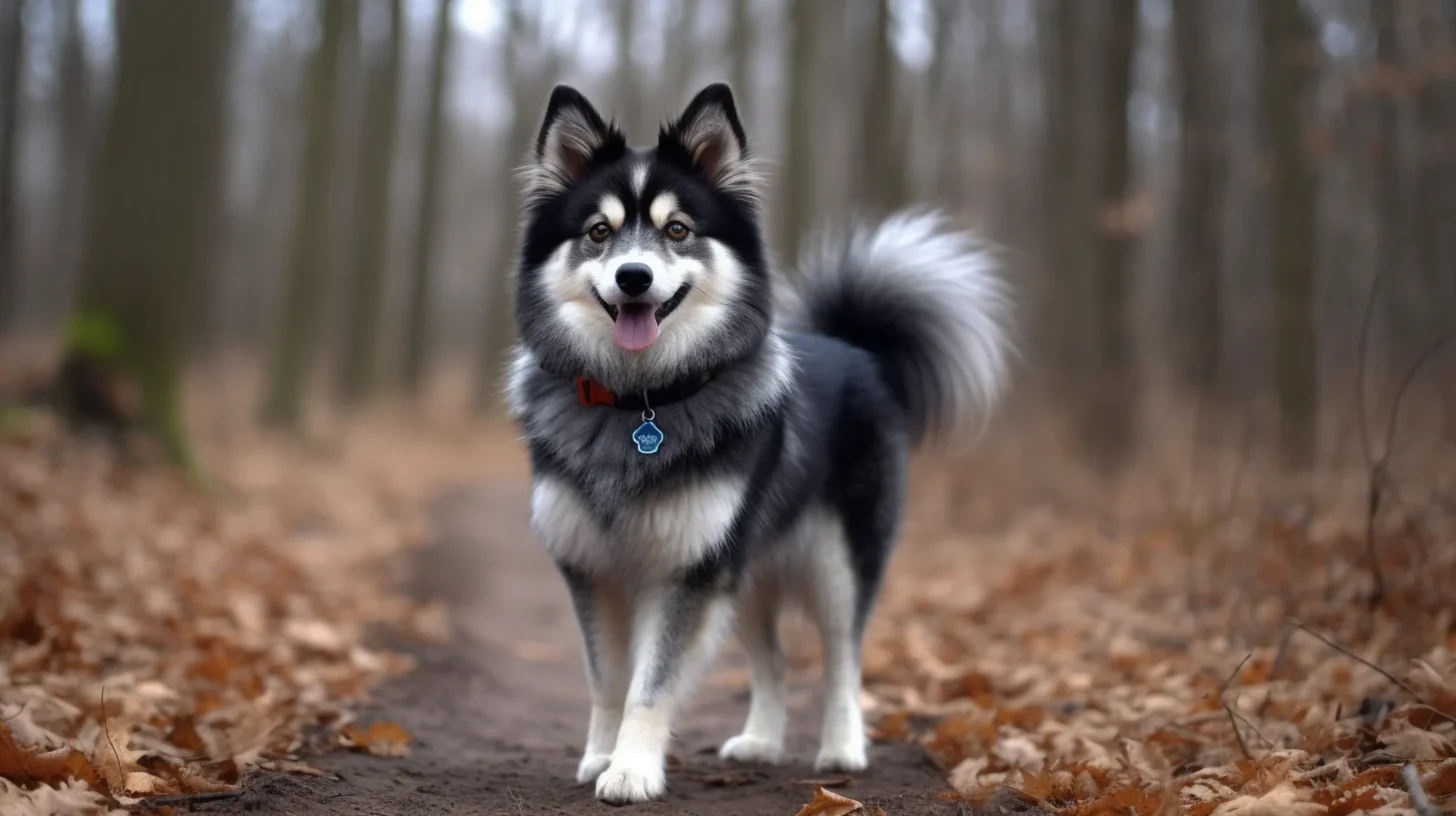 Pomsky with Siberian Husky look on a woodland path